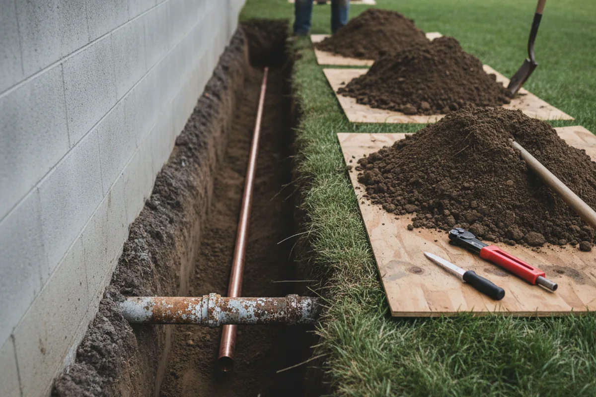 Excavated water line trench during Sewer Line Repair in Pflugerville